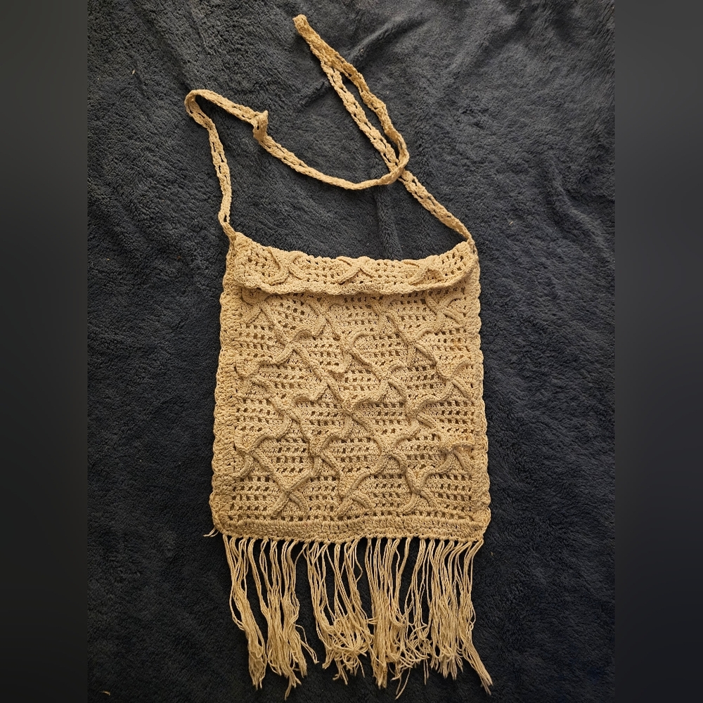 Handcrafted Beige Crochet Fringe Bag